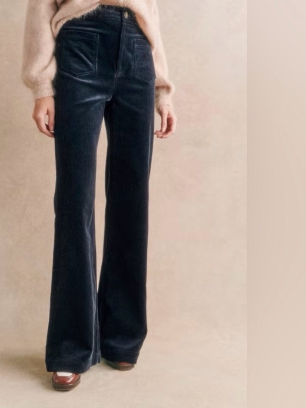Sezane Navy Corduroy Wide-Leg Trousers